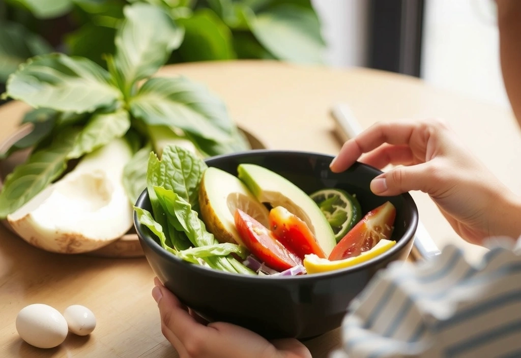 A vibrant bowl of fresh, healthy food being mindfully enjoyed, with soft focus on the textures and colors