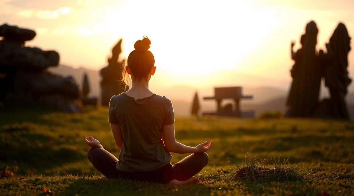 A person meditating peacefully in a serene natural setting with soft light, embodying tranquility and wellness