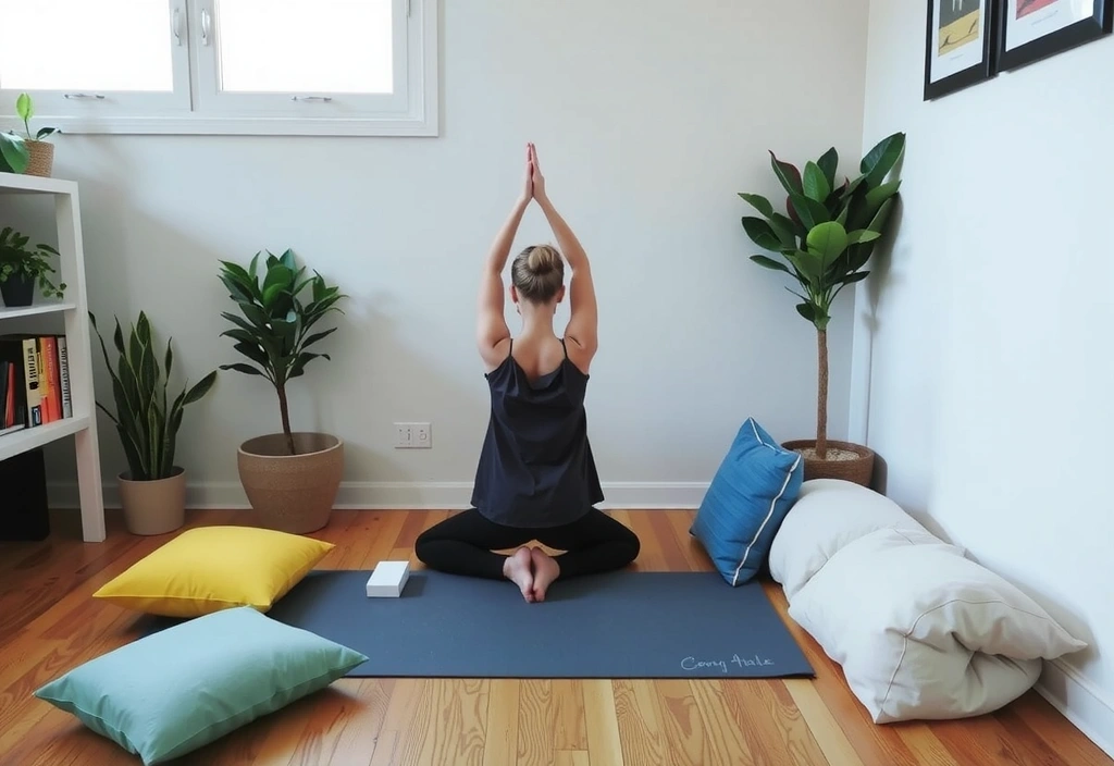A cozy and organized home yoga space with a mat, cushions, and plants, creating a sanctuary