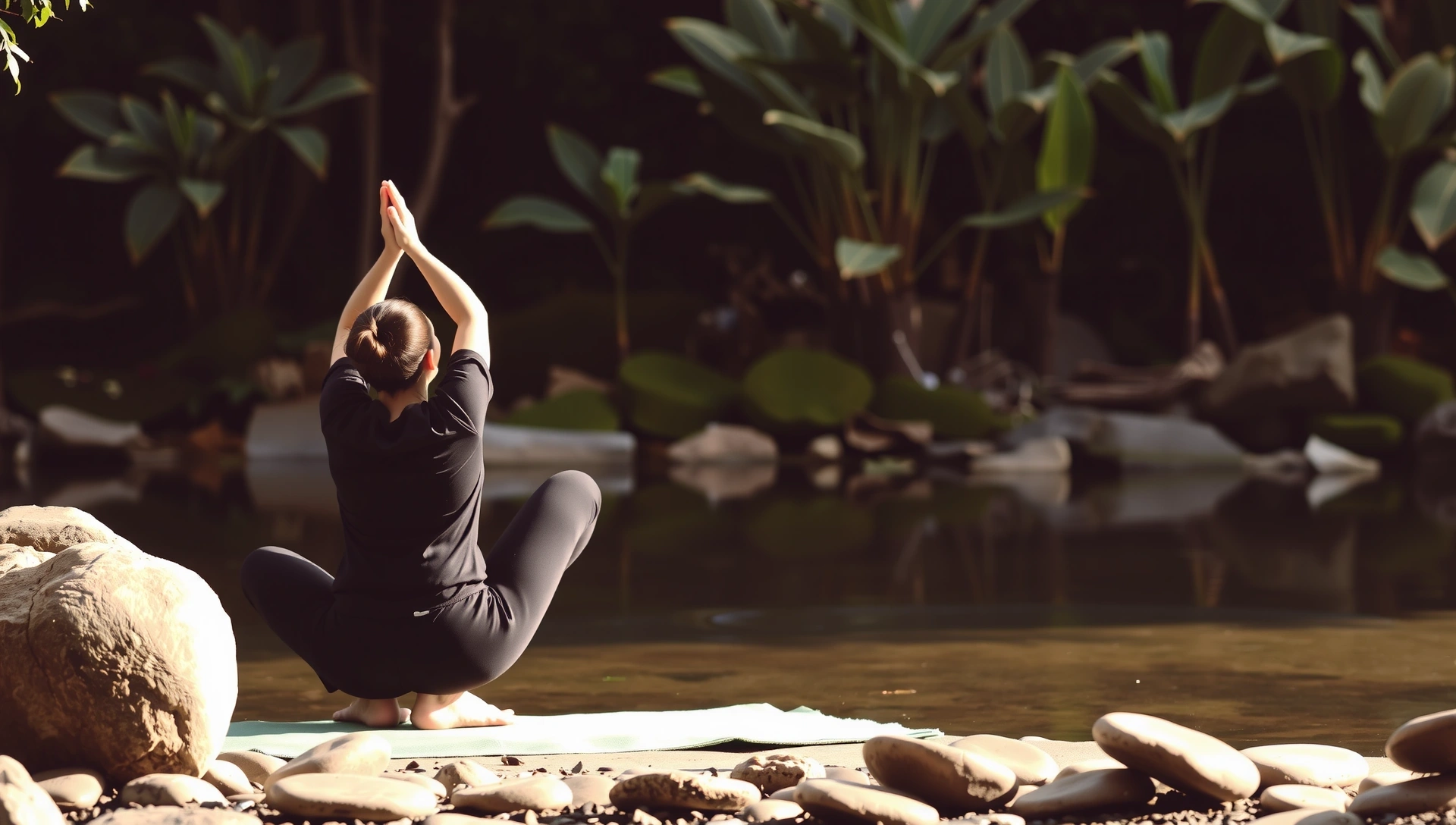 Serene yoga scene with a person in a calm pose, soft light, and natural elements