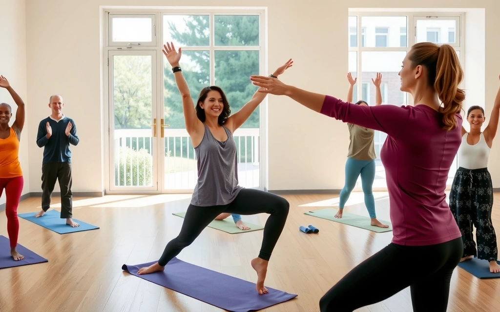 Yoga instructor teaching a class with students